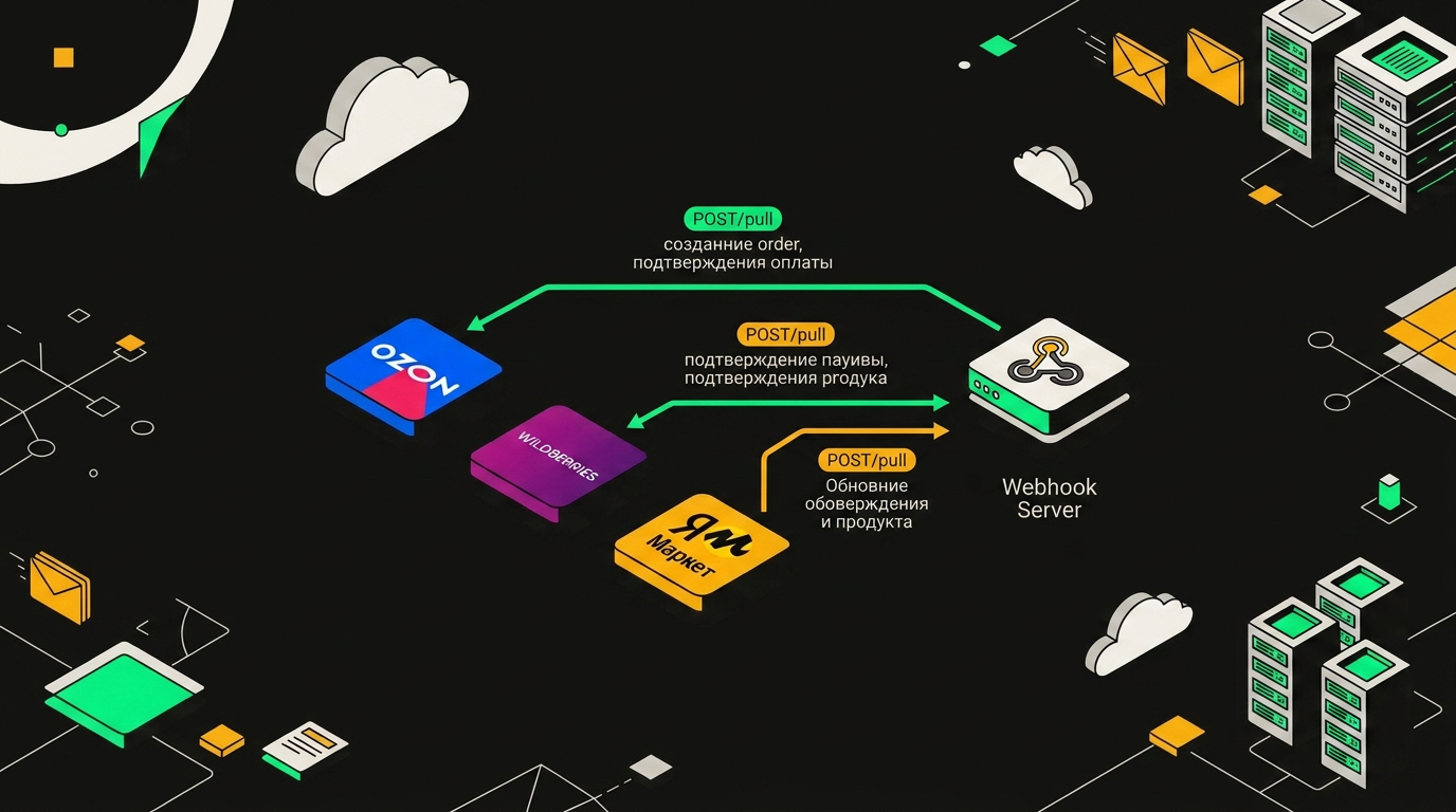 Схема потоков webhook от Ozon, Wildberries и Яндекс Маркет к серверу n8n