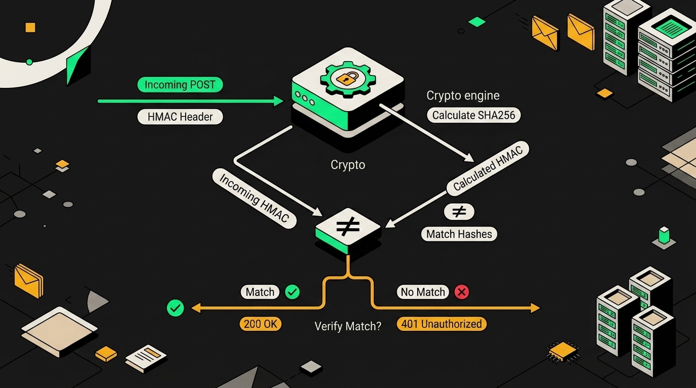 Пошаговая схема проверки HMAC-SHA256 подписи входящего webhook в n8n
