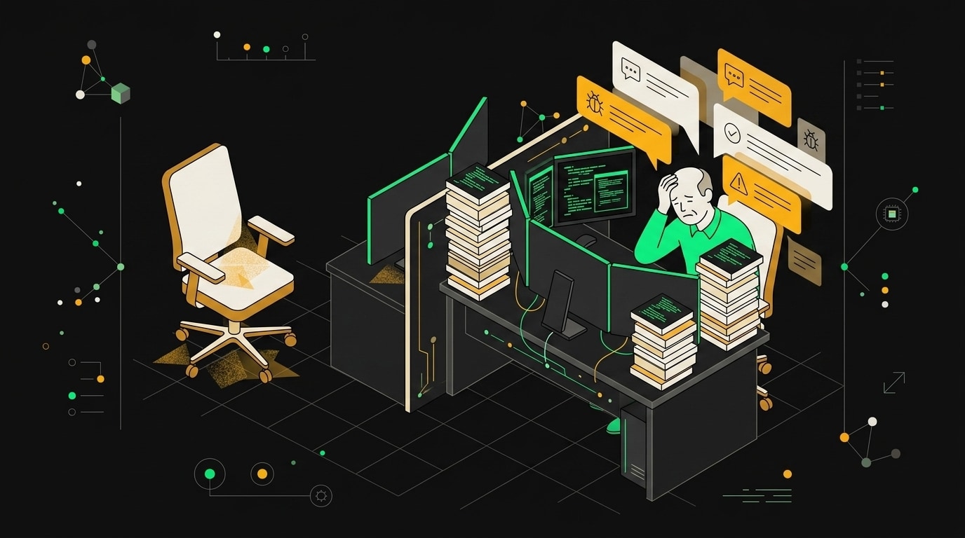 Overloaded senior developer buried in code review while junior desk sits empty beside him