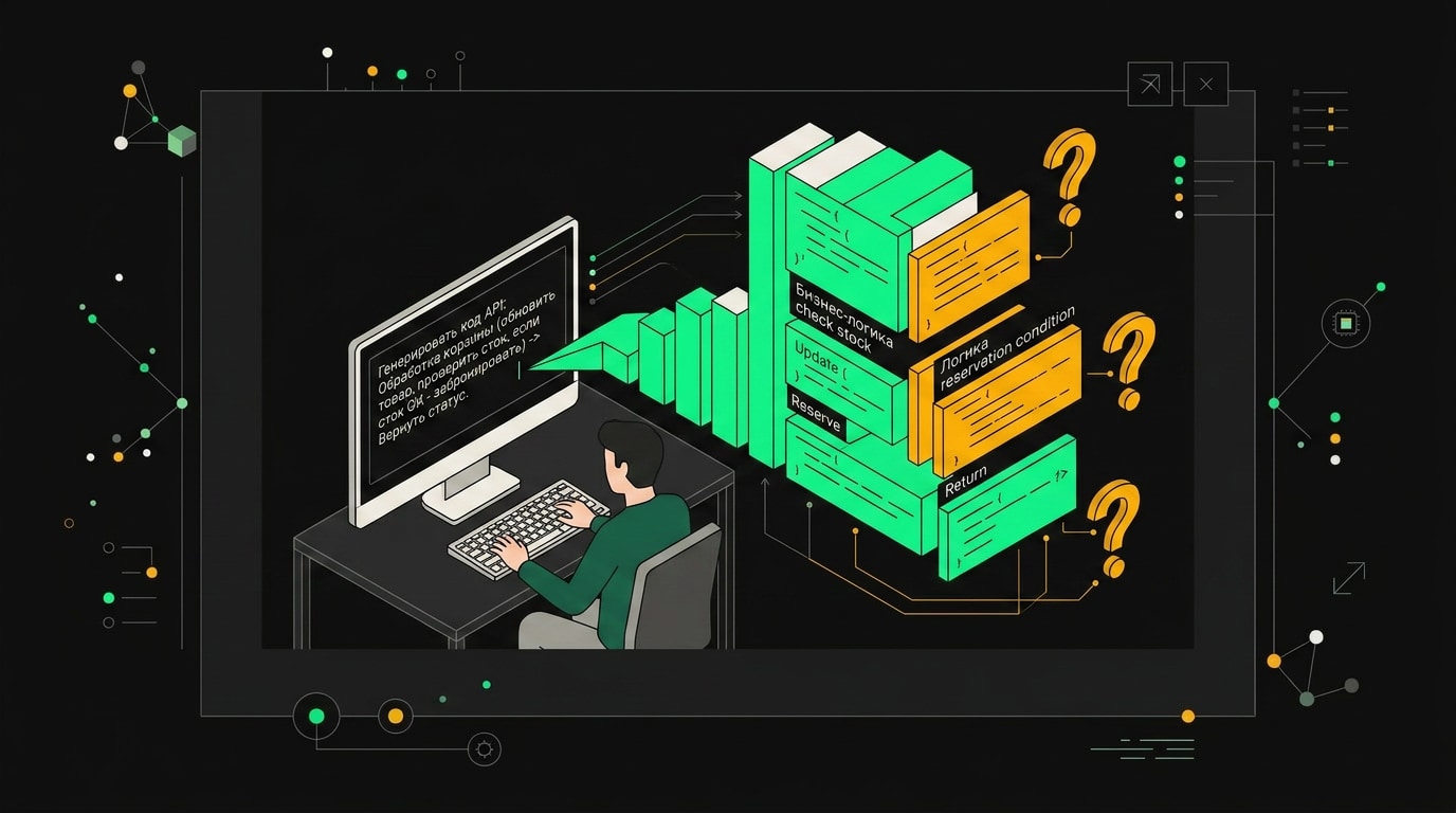 Developer typing natural language prompt, AI generates code with question marks appearing over complex logic