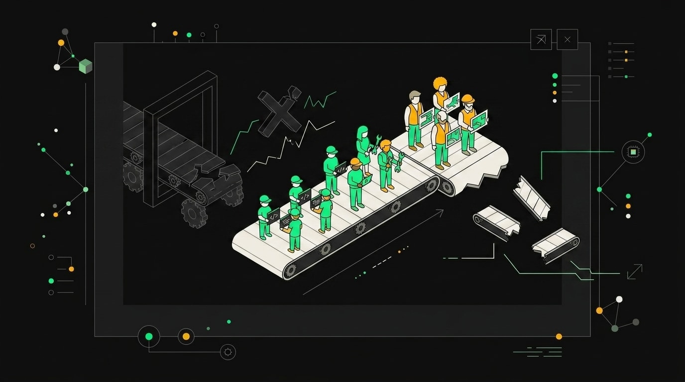 Broken career pipeline conveyor belt with no junior input and a gap where senior developers should emerge