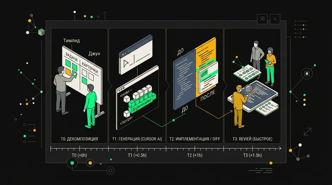 Junior developer workflow: decompose task, prompt Cursor, generate code diff, review with senior on timeline