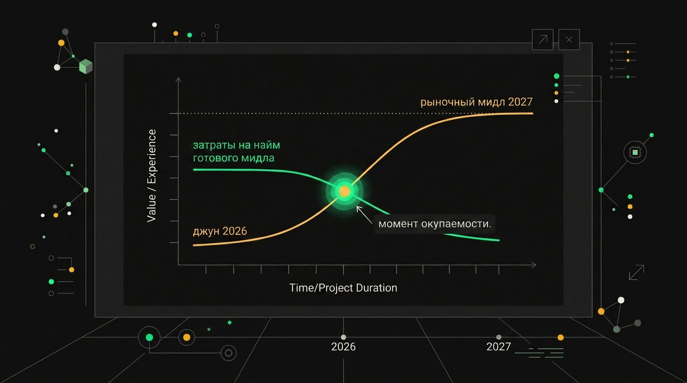 ROI chart comparing junior hire in 2026 versus buying mid-level on market with breakeven point at 18 months