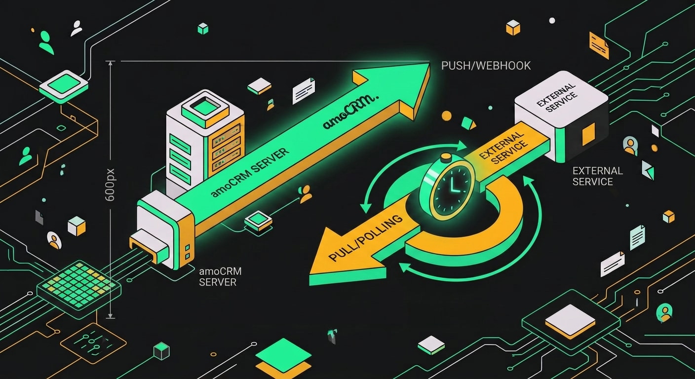 Диаграмма сравнения webhook и polling в amoCRM: push против pull